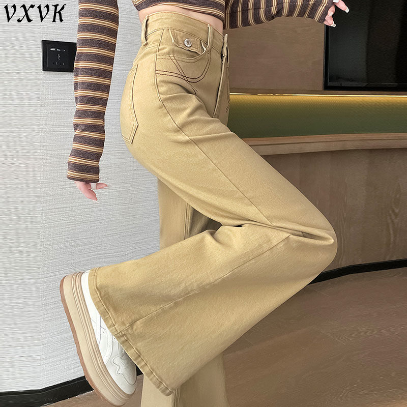 卡其色微弹牛仔裤女2026新款高腰提臀宽松垂感显瘦阔腿微喇叭裤子