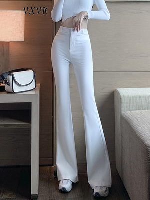 白色西装微喇叭裤子女2025夏季新款爆款高腰修身显瘦休闲 马蹄喇