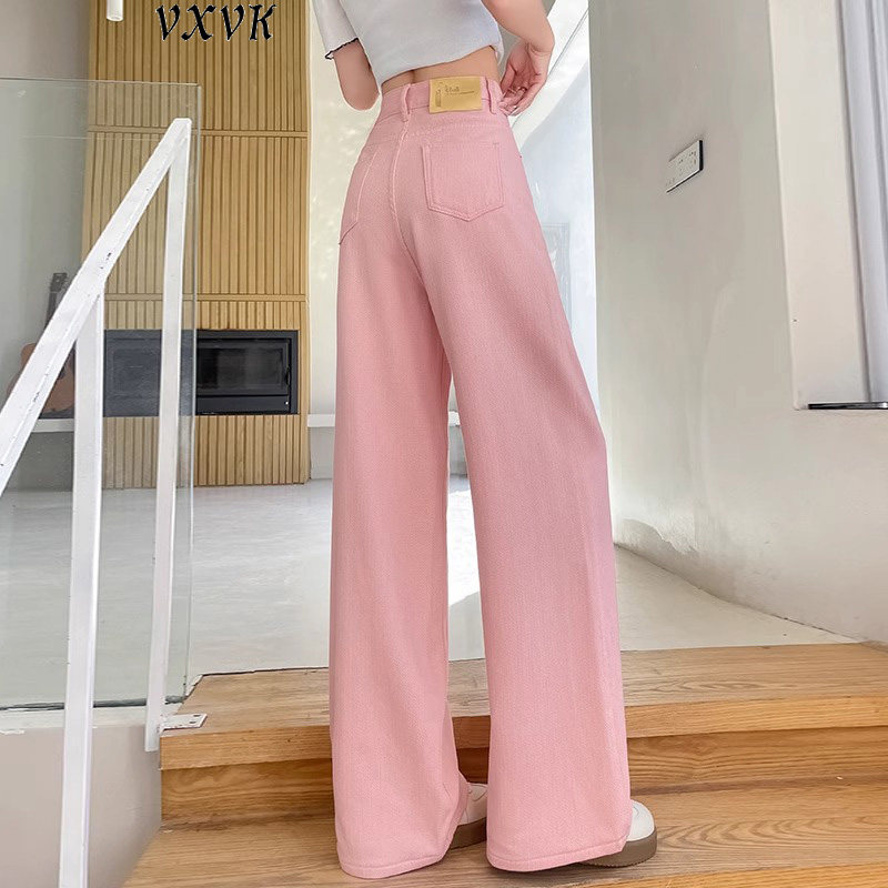 粉色星空纹编织阔腿牛仔裤女2025夏季薄款高腰宽松显瘦拖地直筒裤
