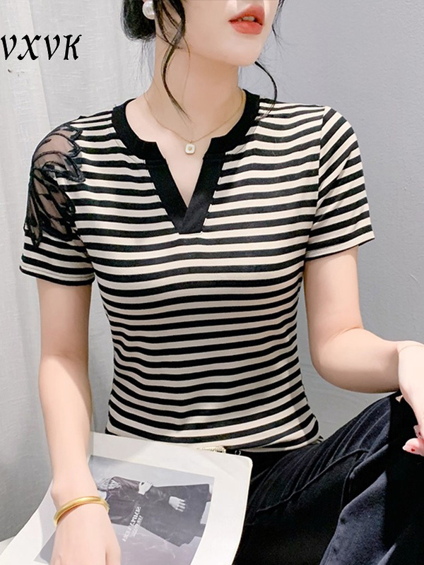 黑白条纹短袖女式t恤2025夏季新V领苗条性感蕾丝剪裁t恤上衣