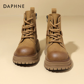 达芙妮真皮马丁靴女2025新款 秋冬加绒大黄靴厚底增高大头工装 短靴