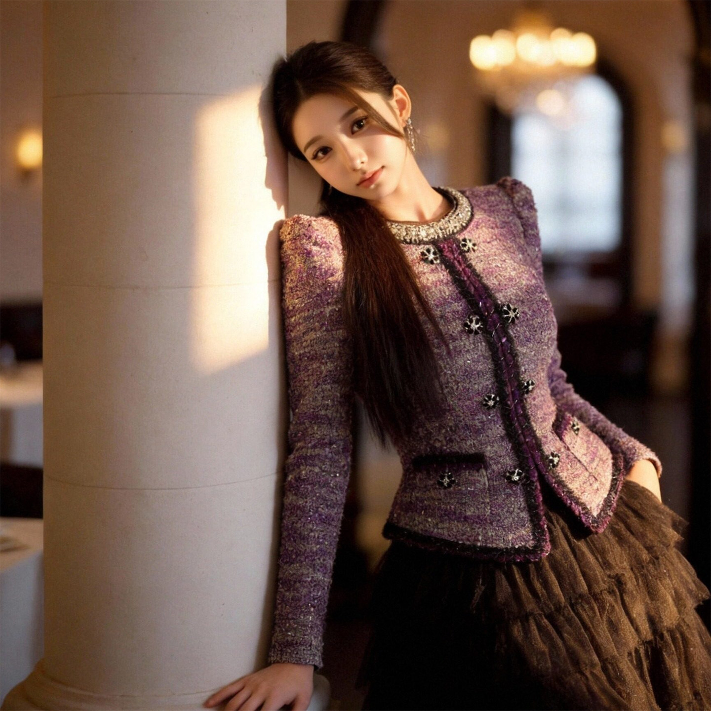 小香风紫色连衣裙女春秋2026新款富家千金网纱假两件宴会礼服长裙