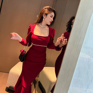 年会红色敬酒服新娘春季2026新款法式礼服鱼尾裙修身包臀连衣裙女