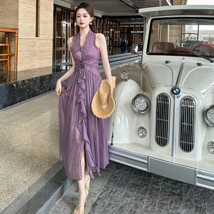 长款 优雅气质名媛紫色连衣裙夏季 轻奢性感海边度假风小众大摆裙