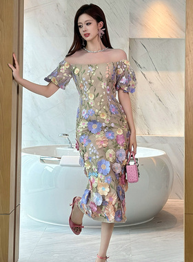 紫色花朵连衣裙女2025新款夏度假风泡泡袖小个子网纱气质修身裙子