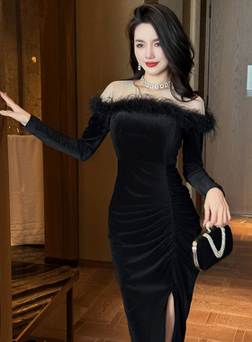 20247法式复古黑色丝绒连衣裙新款秋冬高级感欧货气质显瘦包臀裙