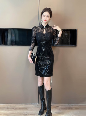 21018秋冬设计师新款气质显瘦性感御姐风蕾丝长袖连衣裙包臀裙子