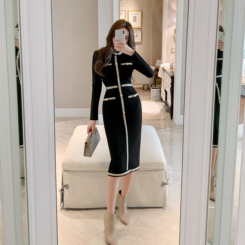 气质正式场合连衣裙女装2026新款春季修身赫本风显瘦黑色长袖裙子