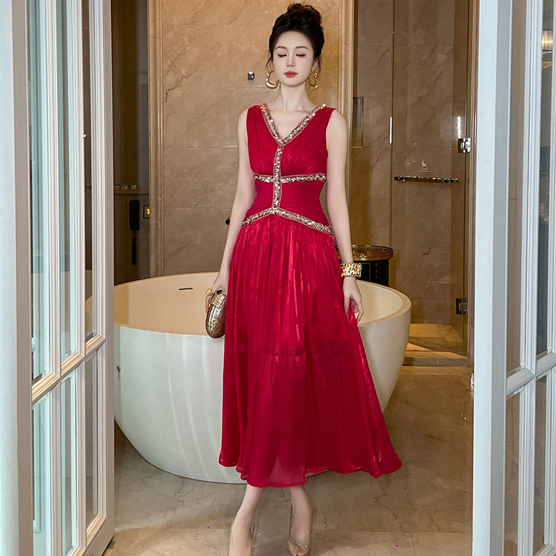 红色订婚礼服连衣裙女装夏季
