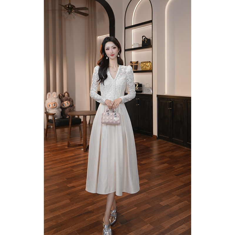 设计师新款女装长款A字裙纯色拼接V领高腰连衣裙45426