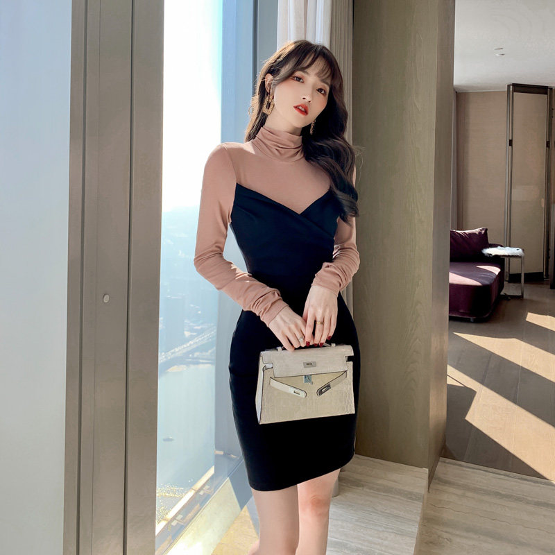 假两件打底连衣裙女气质收腰内搭堆堆领春季新款法式复古显瘦短裙