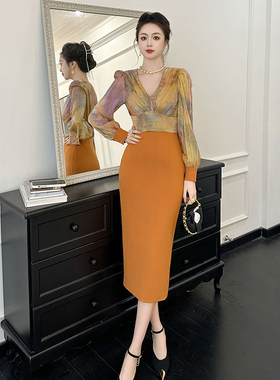 70253法式长袖连衣裙黄色高级感气质名媛御姐女神范修身包臀裙冬