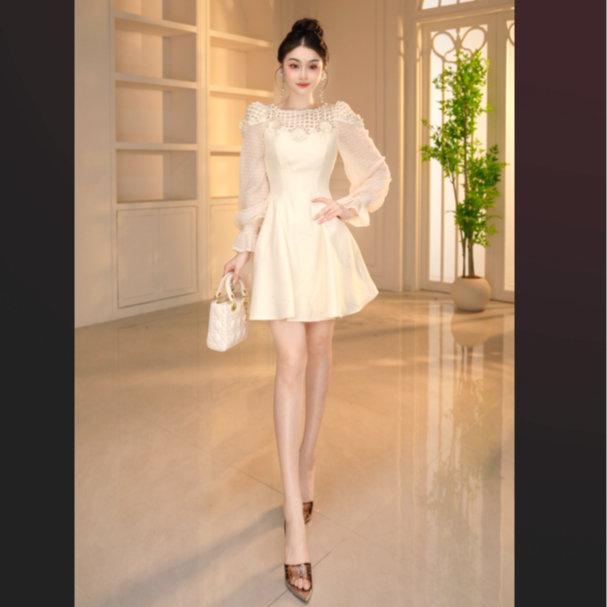 修身千金风静奢风长袖圆领连衣裙时尚春秋提花短款45331