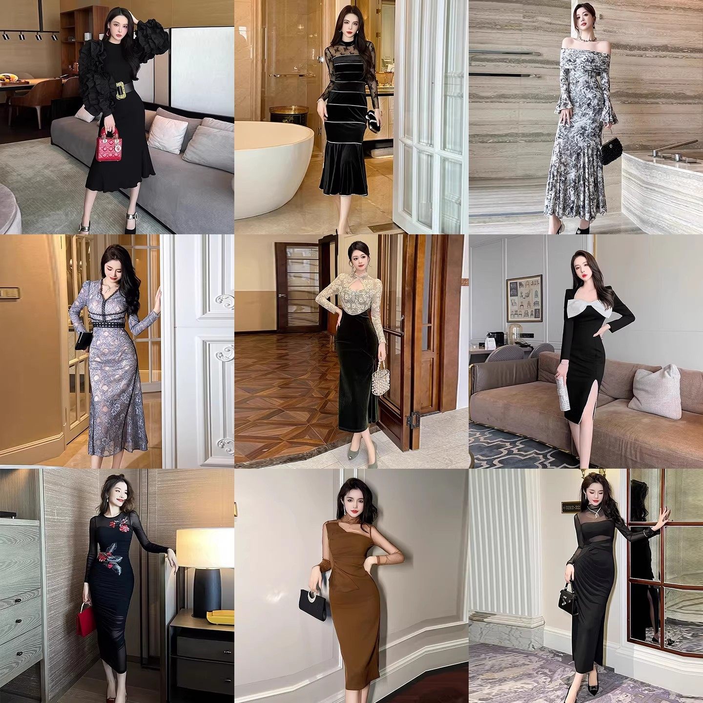 黑色连衣裙女春秋长袖修身显瘦法式气质内搭黑色包臀长裙年会礼服