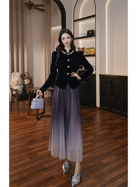 秋冬季新款轻奢风复古A字裙拼接渐变裙摆连衣裙21992