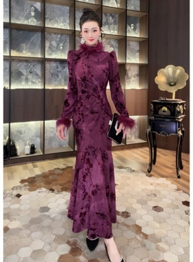 45061显瘦气质长袖复古收腰修身时尚国风长款中式提花秋冬连衣裙