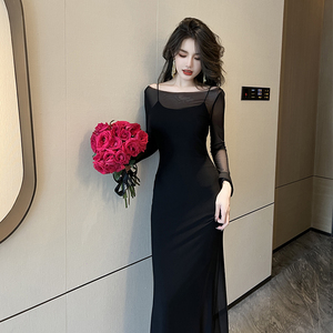 长袖连衣裙女春季2026新款气质赫本风修身高级感一字肩黑色长裙子