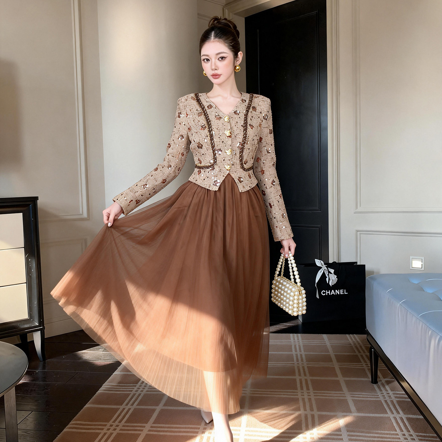 小香风连衣裙女春秋新款美拉德风亮片礼服高端轻奢高级感网纱长裙