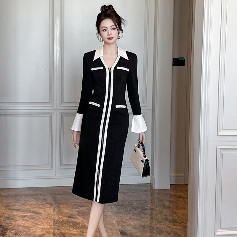 性感黑色连衣裙2026春季新款女装polo领高级感修身包臀裙年会礼服