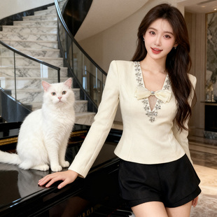 白色上衣女秋冬季2026新款修身短款T恤收腰打底内搭长袖v领打底衫