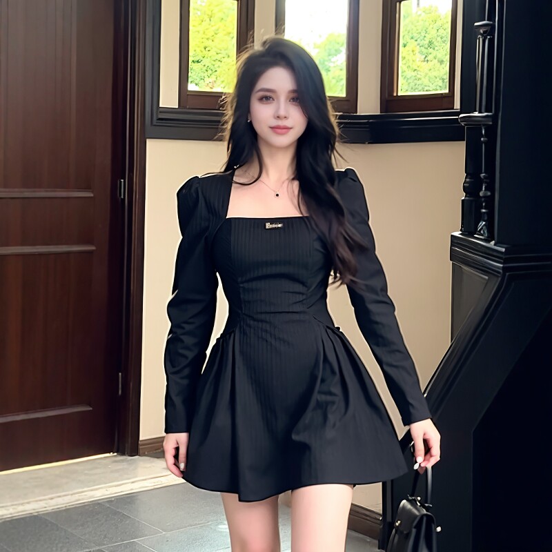 收腰a字连衣裙春季女装赫本风小个子显瘦高级感气质黑色生日礼服