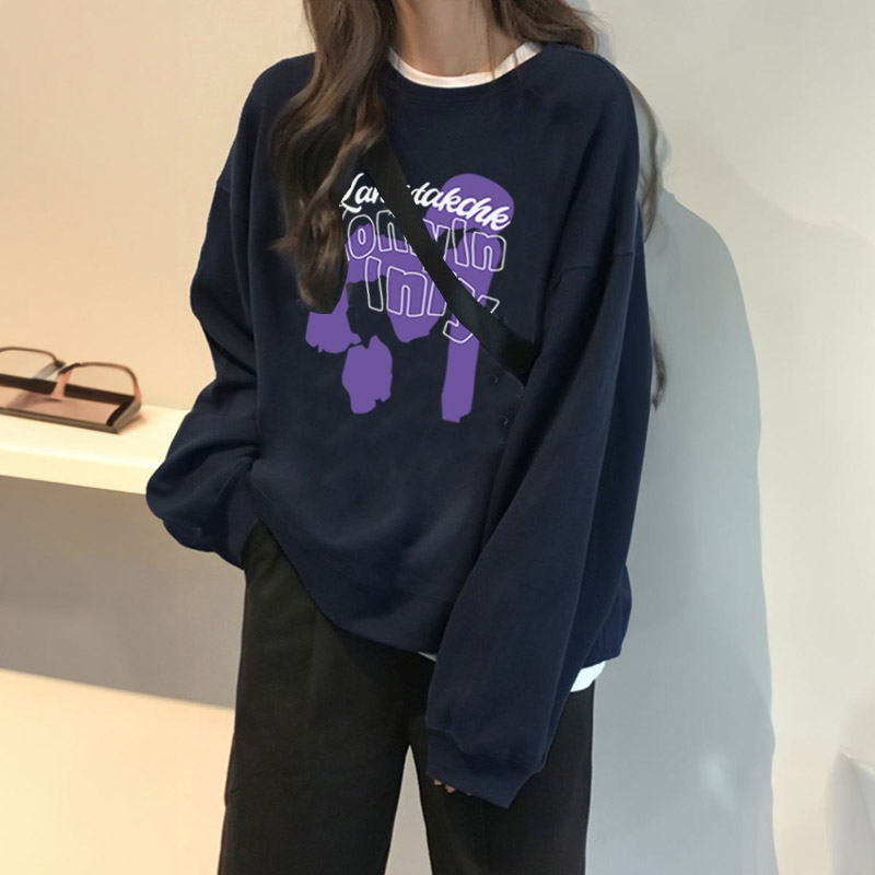 美式复古慵懒风设计藏青色卫衣女2026新款秋冬加绒韩系宽松打底衫