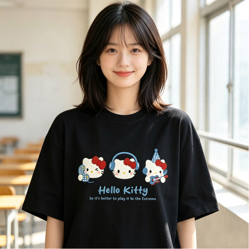 日系软妹风Hello Kitty短袖t恤女夏季小众设计感重磅纯棉宽松上衣