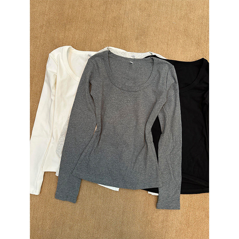 thumbnail for Cotton shoulder, U-neck, long-sleeved T-shirt, women's autumn and winter basics, underwear, base layer, sweet and spicy waist slim crop top