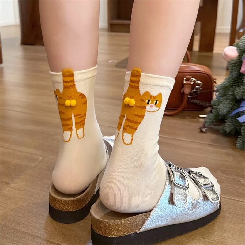 春夏创意猫蛋棉袜女立体个性猫袜子可爱搞怪女袜纯色防滑中筒袜