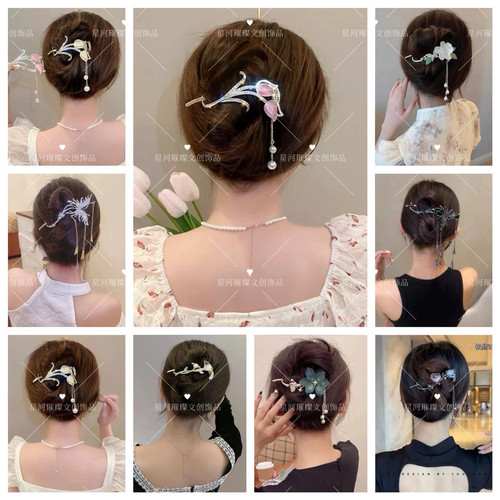 高级感蝴蝶流苏发夹女气质网红步摇水钻珍珠扭扭夹后脑勺盘发夹子