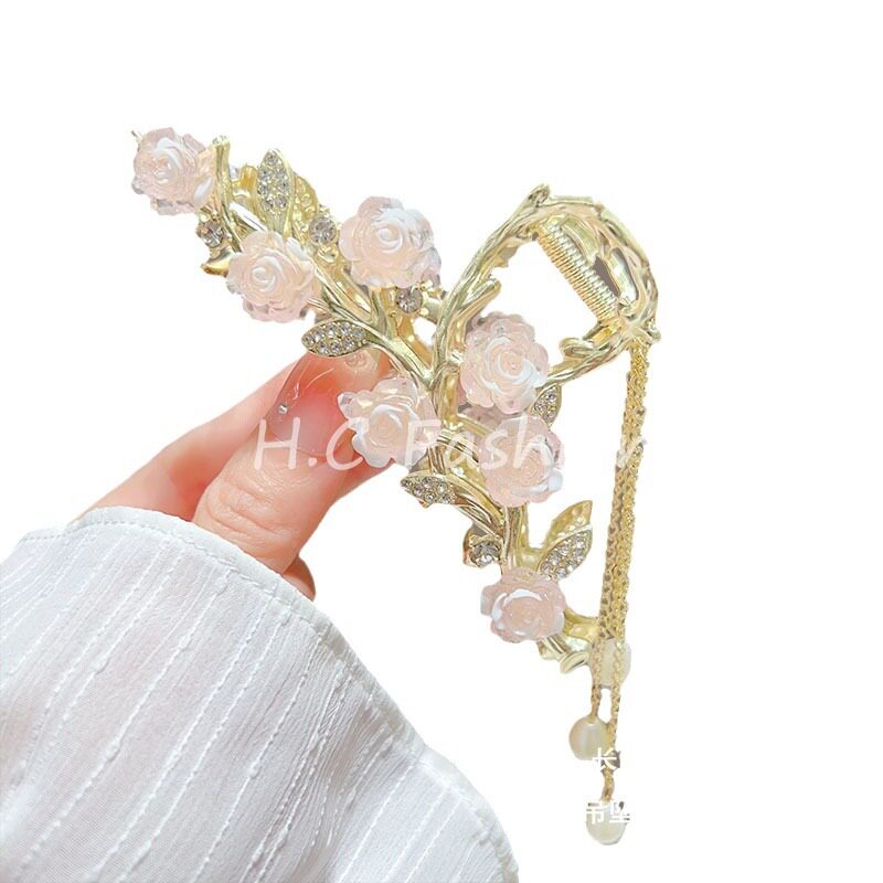 优雅小香风新款发夹女甜美气质玫瑰花朵抓夹步摇流苏鲨鱼夹子发卡