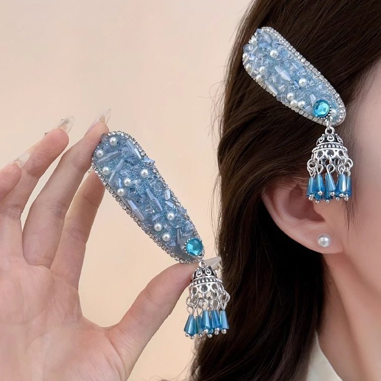 樱花粉民族风超闪水钻风铃流苏发夹精致复古侧边刘海边夹发饰发卡