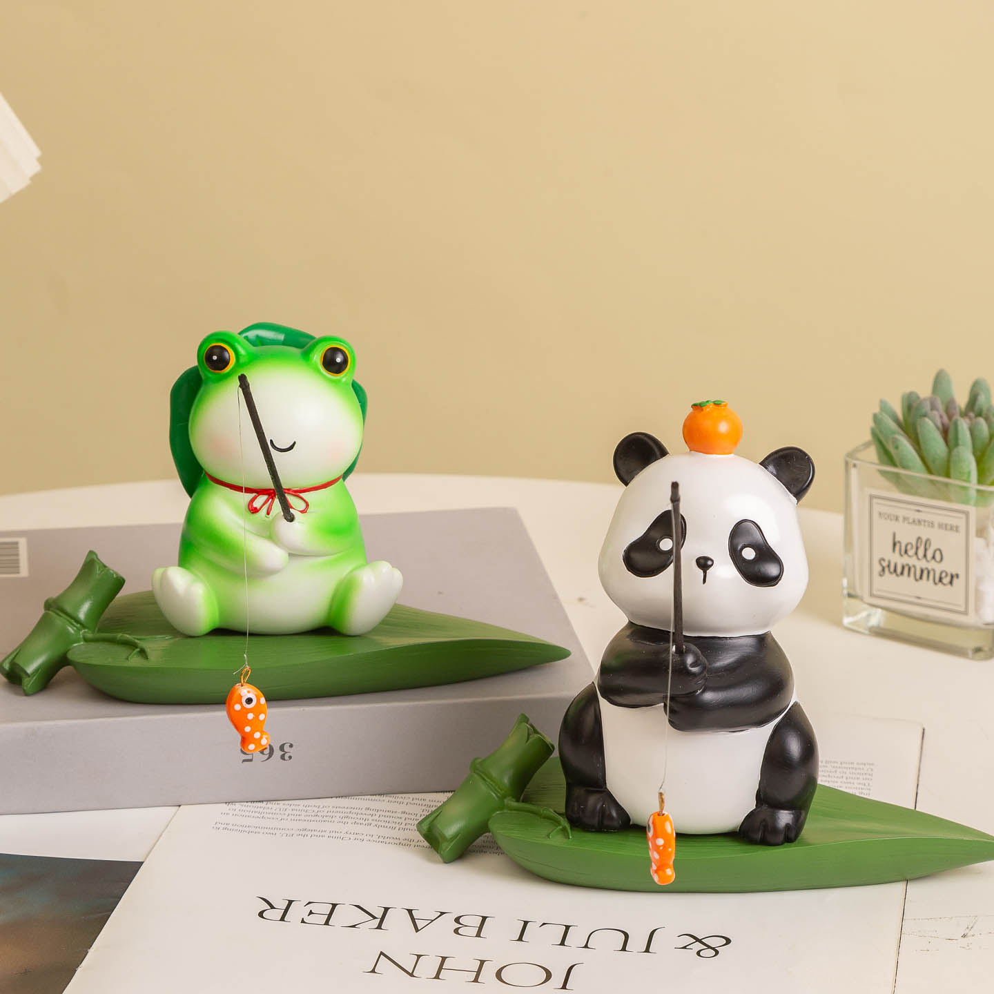 可爱治愈熊猫钓鱼摆件鱼缸造景