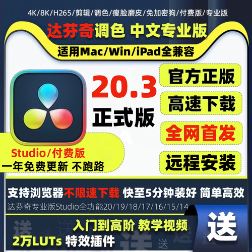 达芬奇调色正版软件20 19 18中文专业版激活 远程安装 Win Mac M4