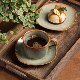 高温窑变釉复古风陶瓷咖啡杯碟子设计感小众粗陶杯精致高颜值杯子