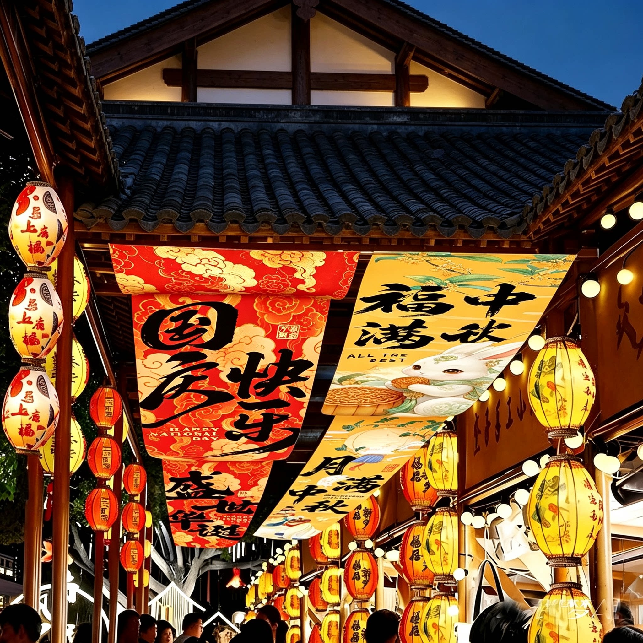 中秋节主题吊旗挂布商铺门店吊顶帷幔国庆节日氛围感装饰背景布
