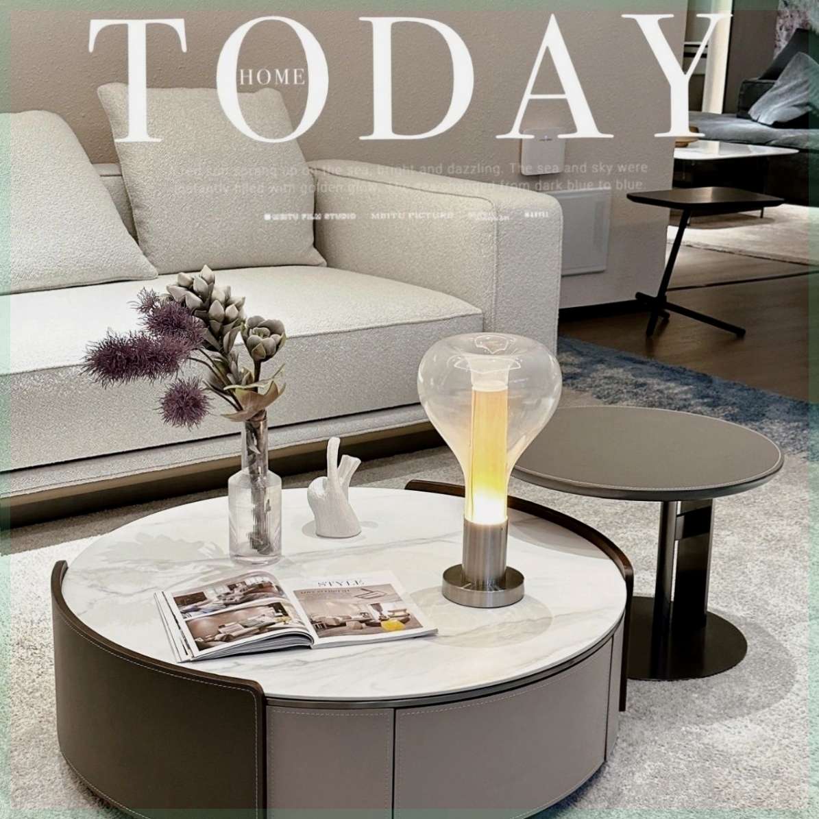 意式极简马鞍皮岩板茶几边几电视柜组合圆形轻奢客厅小户型茶几桌