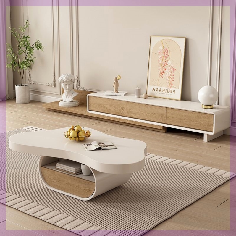 奶油白原木风简约电视柜现代客厅家用小户型伸缩电视机柜茶几组合