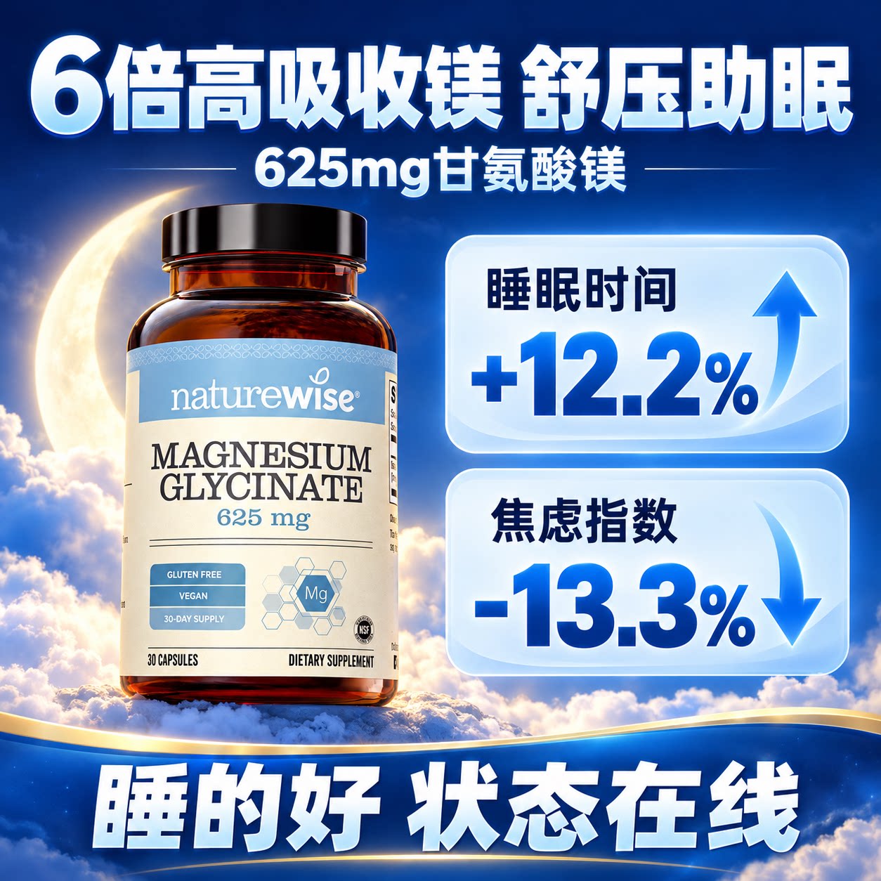 naturewise甘氨酸镁补充剂旗睡眠片助眠神器焦虑舰方失眠闪睡官店