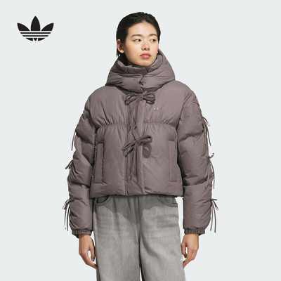 阿迪达斯三叶草外套女2025冬短款蝴蝶结连帽羽绒服KC2609 KC2610