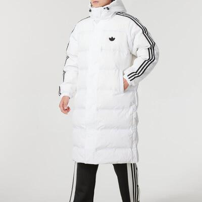 阿迪达斯三叶草长款羽绒服男冬季新款白色连帽三条杠运动服JJ4968