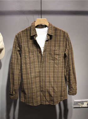 毒类港风复古格子翻领衬衫男士时尚舒适透气格纹衬衣潮牌长袖上衣