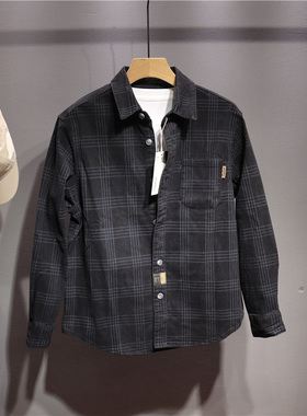 毒类复古风格子美式衬衫外套男潮牌痞帅夹克时尚百搭翻领长袖上衣