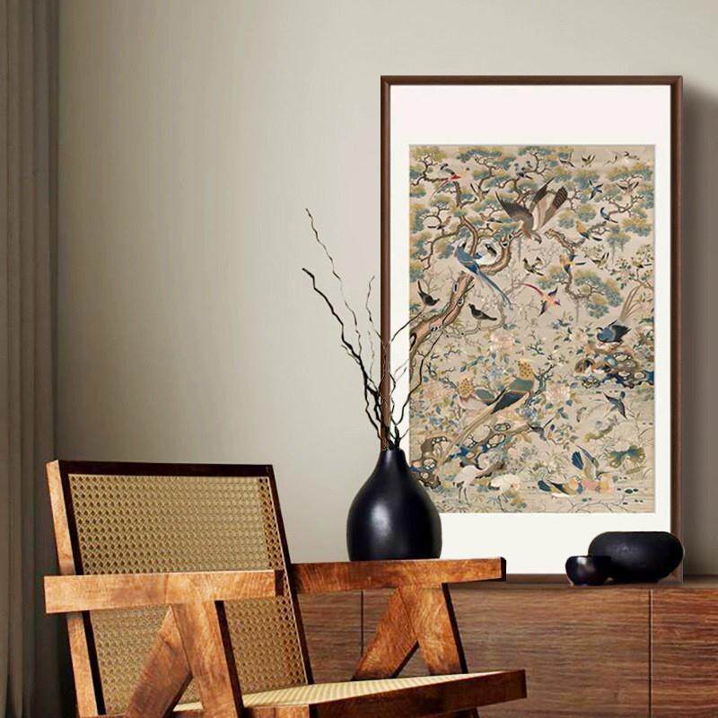 花鸟祥和图玄关法式中古风餐厅装饰画新中式客厅挂画复古艺术国画