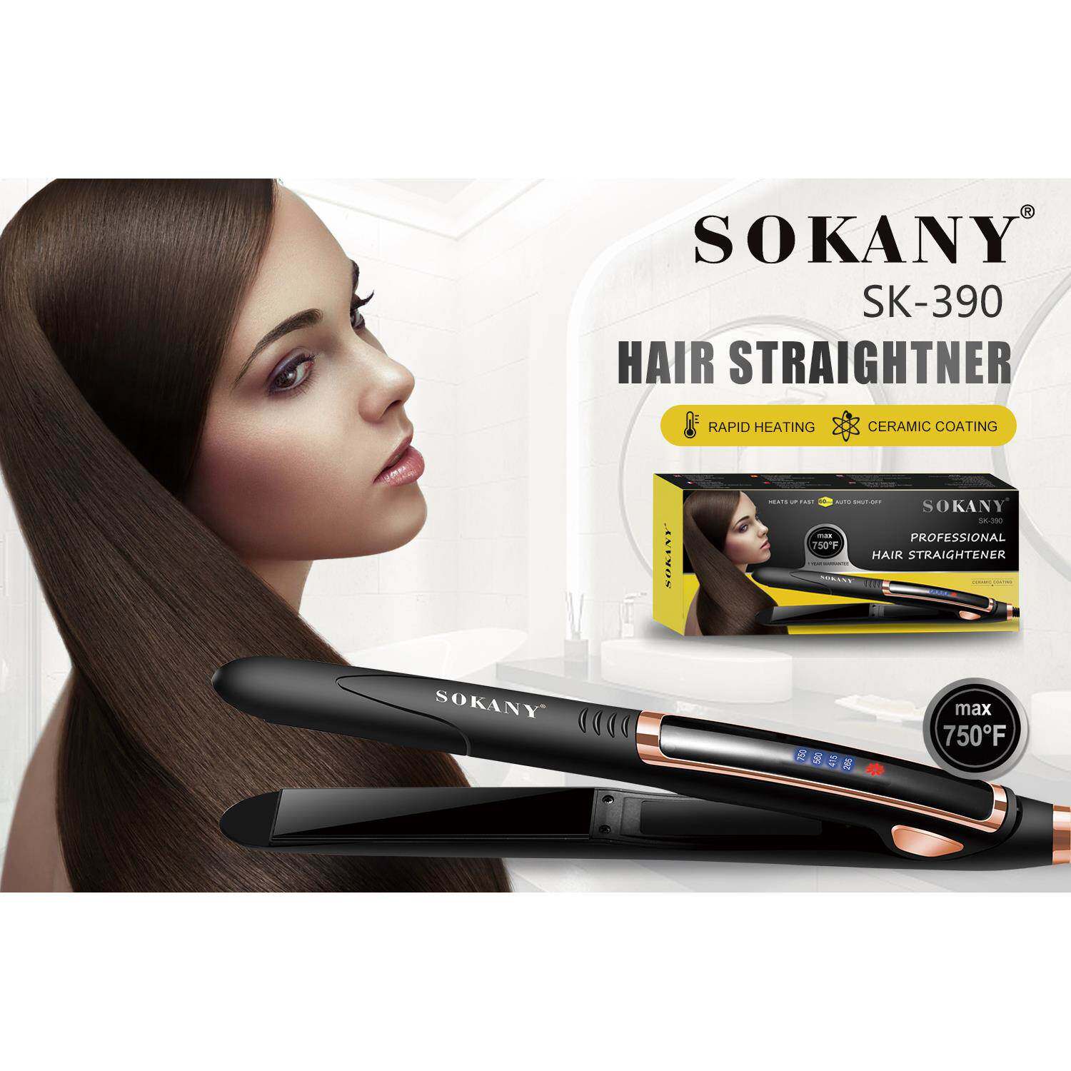 跨境SOKANY390卷直发两用夹板陶瓷美发夹板烫发器LED屏幕滑屏调温