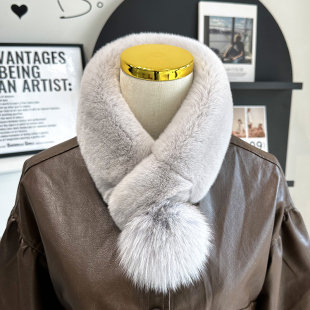 韩国真獭兔毛围脖纯色毛绒保暖双面加厚皮草围巾狐狸毛毛球毛领子