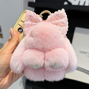 真獭兔毛可爱公仔小兔子蝴蝶结汽车钥匙扣挂件包包毛绒装 死挂饰兔