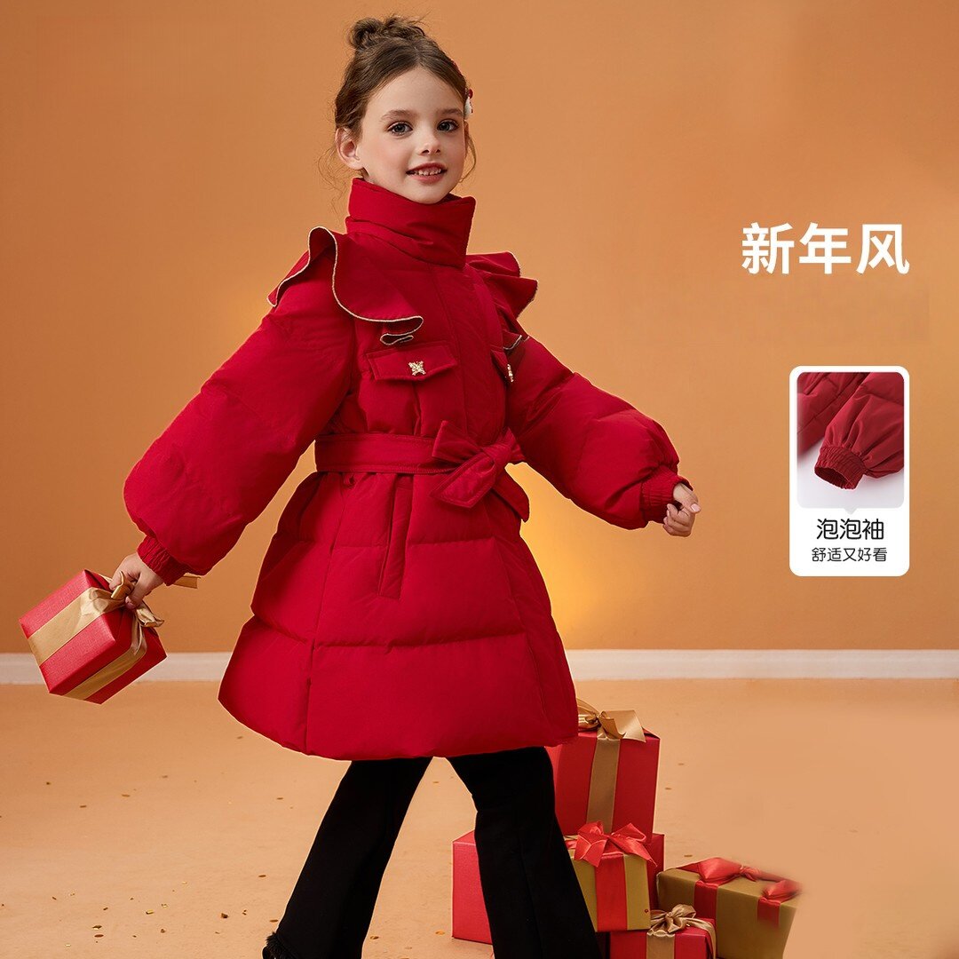 2025新款冬季新年风红色女童羽绒服保暖时尚泡泡袖外套冬装