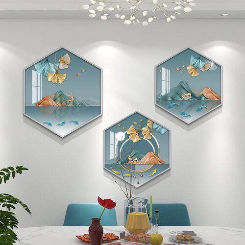 六边形饭厅组合挂画轻奢抽象壁画