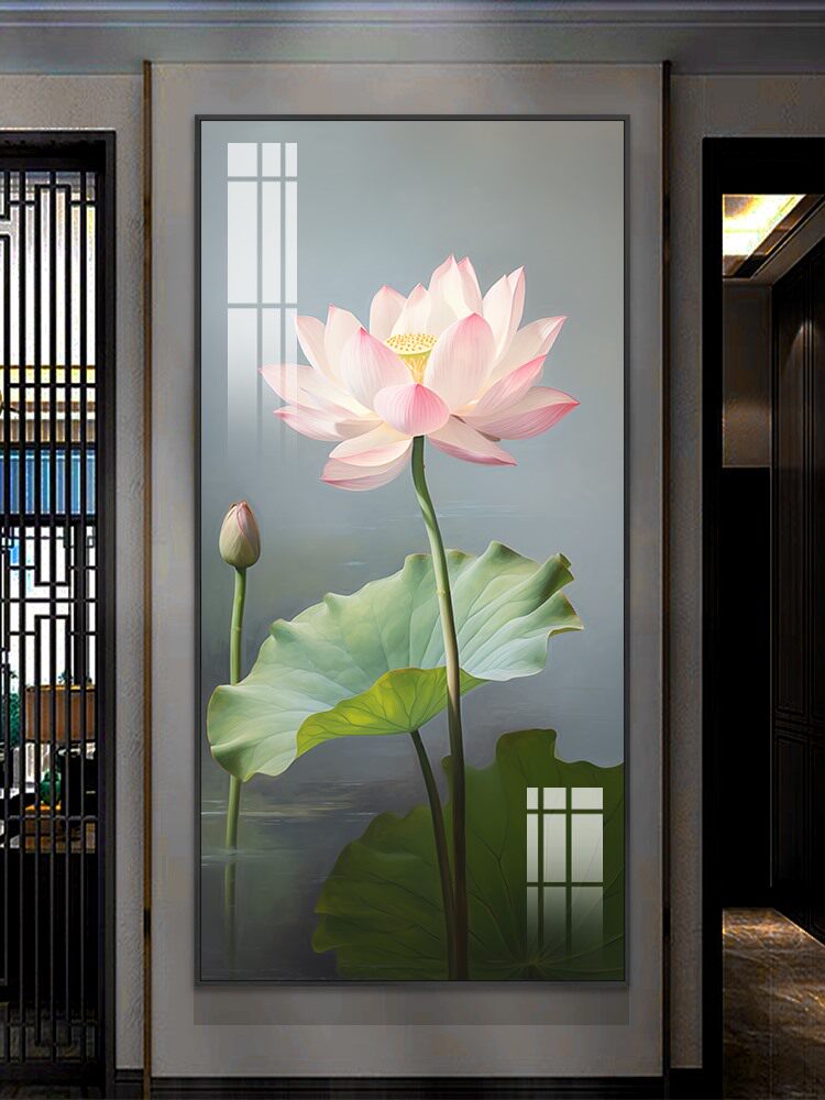 现代简约玄关背景墙装饰画新中式风格过道走廊荷花挂画高档艺术画